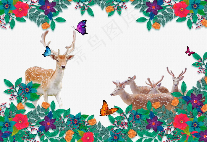麋鹿森林花卉北欧背景墙(9071X6236(DPI:72))psd模版下载