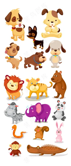 手绘小动物集合陆地动物效果小狗狮子...