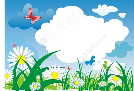 小花小草 蝴蝶 白云蓝天 卡通矢量图