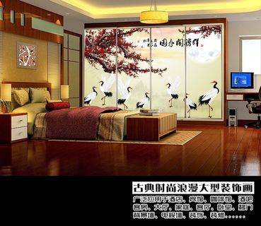 闹春图群鹤仙鹤梅花中式电视背景墙
