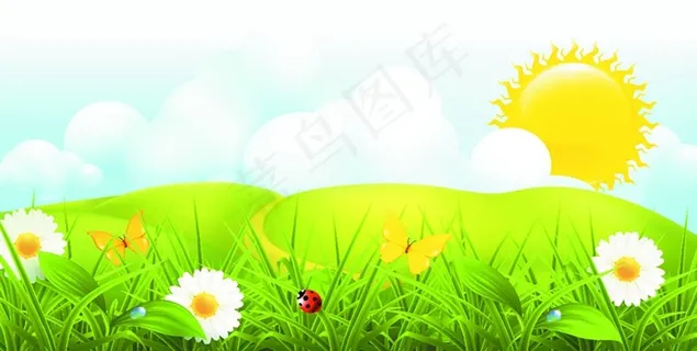 矢量春天花朵草地阳光背景