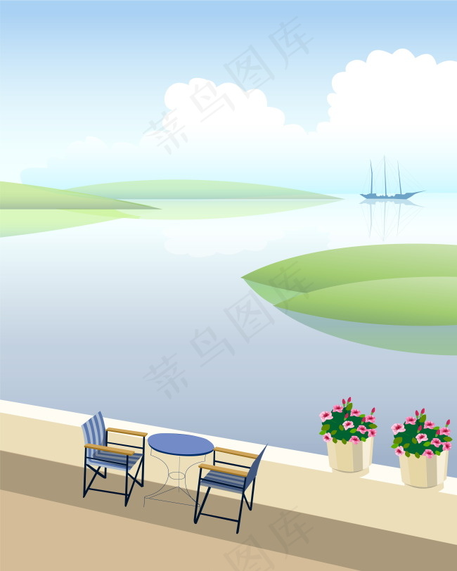 海边风景卡通风景移门