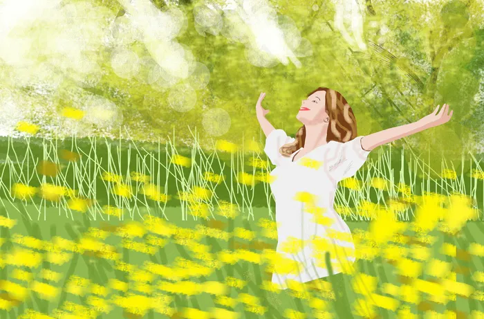 油菜花田女孩手绘插画设计