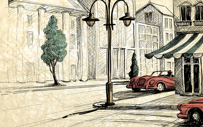 抽象手绘欧式怀旧街道电视背景墙