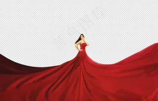 超大裙摆红衣美女PNG免扣图PSD...