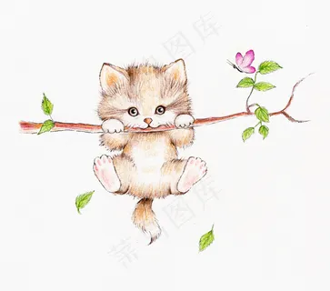 吊树枝的水彩猫图片 吊树枝的水彩猫图片