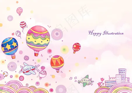 粉色背景前的热气球和城堡 粉色背景前的热气球和城堡