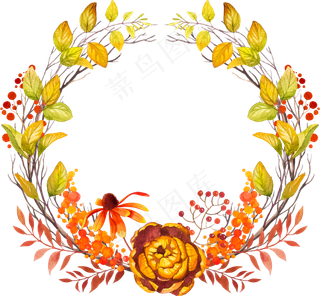 水彩秋天落叶花卉花环设计素材