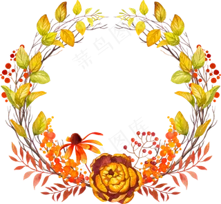 水彩秋天落叶花卉花环设计素材