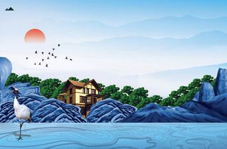 古风手绘风景插画背景海报素材