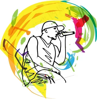 嘻哈歌手对着麦克风歌唱插画矢量图