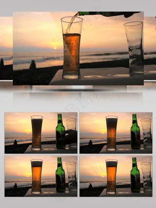 唯美意境海边夕阳剪影倒啤酒喝啤酒
