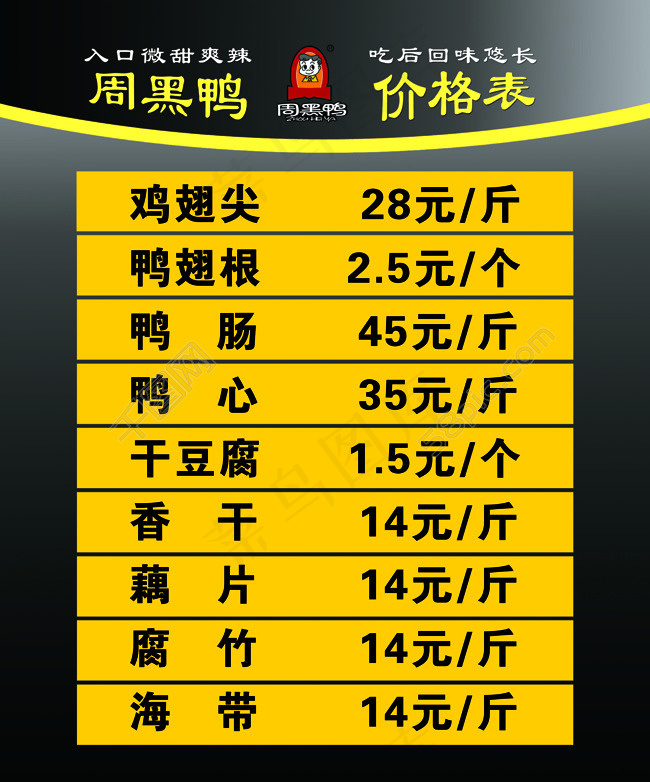 周黑鸭价格表(5789X6969(DPI:300))psd模版下载