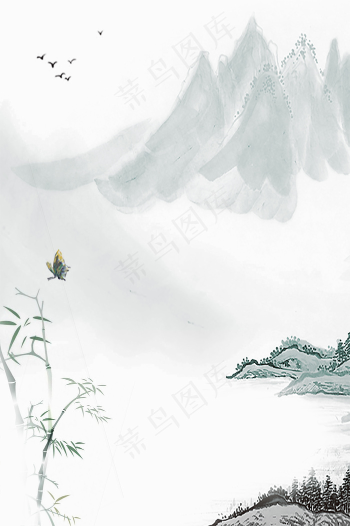 中国风复古水墨晕染山水海报背景素材