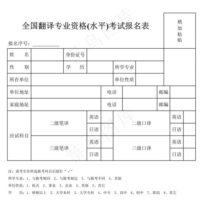 全国翻译专业资格(水平)考试报名表
