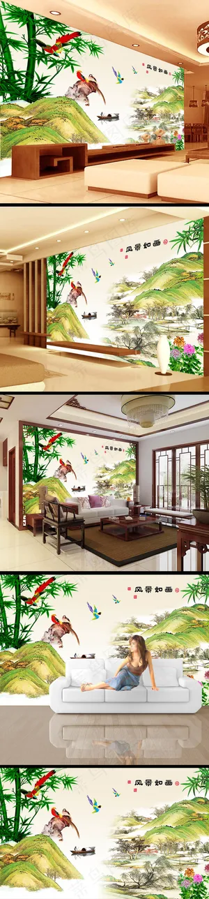 中国风竹山水画壁画 中国风竹山水画壁画