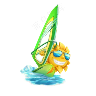 PNG夏日太阳冲浪吃西瓜卡通人物矢...