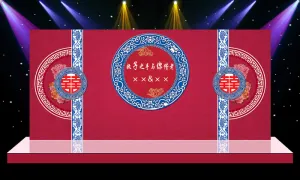 中式婚礼青花瓷牡丹花舞台迎宾区背景...