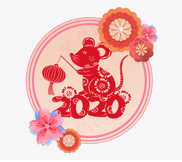 2020,剪纸元素,鼠年,春节,元旦,边框,装饰花,生肖鼠,窗花