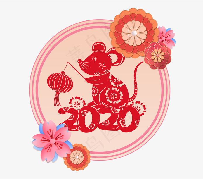 2020,剪纸元素,鼠年,春节,元旦,边框,装饰花,生肖鼠,窗花psd模版下载