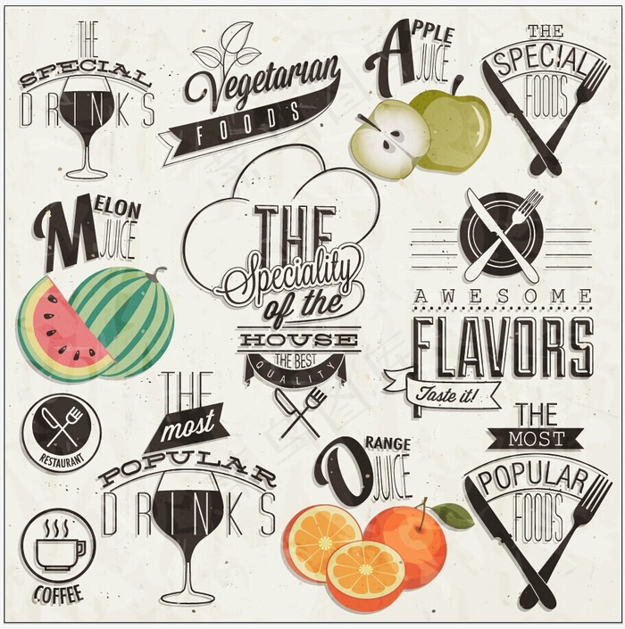 欧美复古医疗餐饮手绘矢量素材