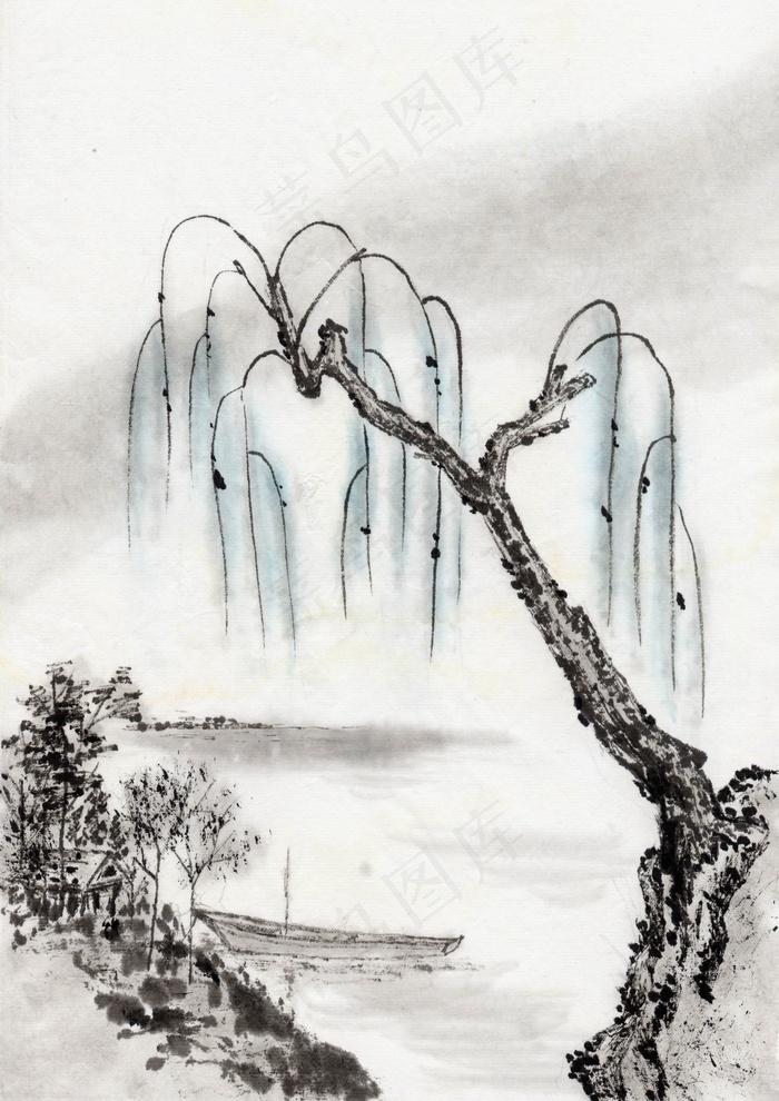水墨树木山水画