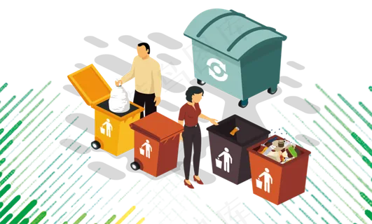 绿色环保卡通捡垃圾分类平面装饰