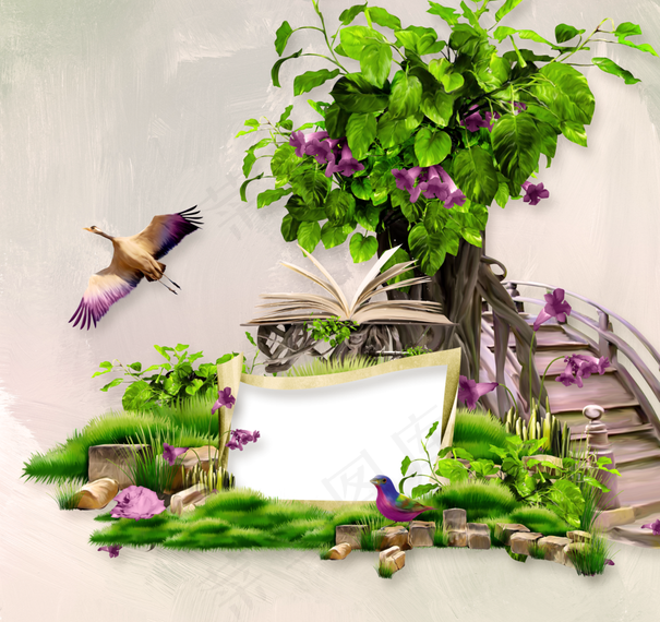 绿树小桥小鸟画卷相框图片