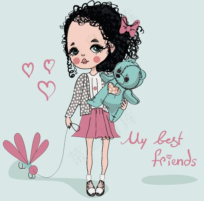 抱着玩具熊的卡通女孩eps,ai矢量模版下载