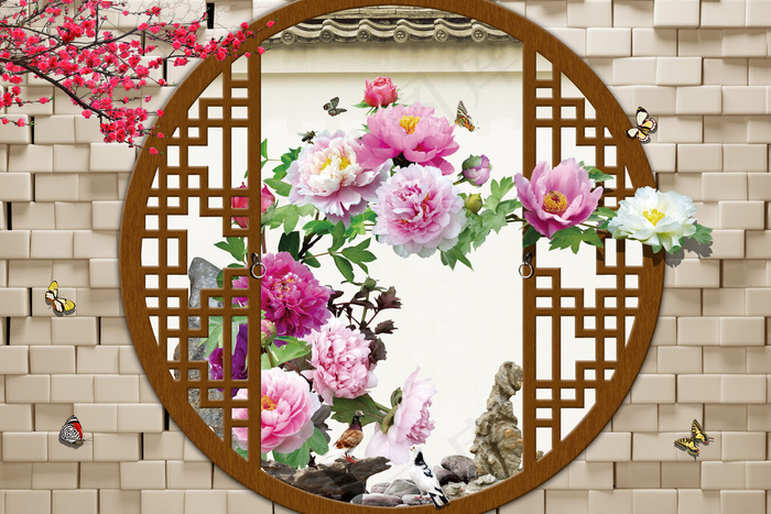 仿古3D背景电视墙画图片