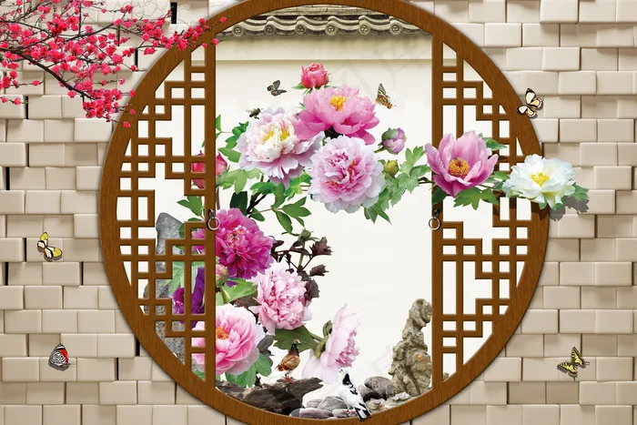 仿古3D背景电视墙画图片