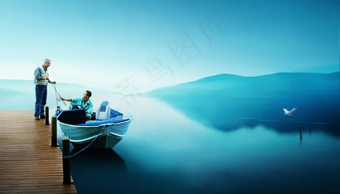 晨雾弥漫湖畔垂钓风景PSD分(4134X2362(DPI:150))psd模版下载