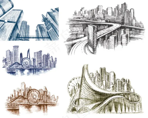 素描建筑手稿——矢量素材eps,ai矢量模版下载