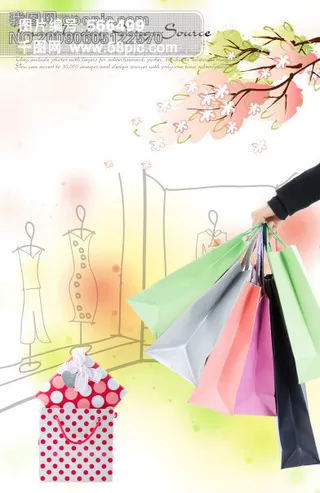 购物美女与卡通背景PSD分层素材