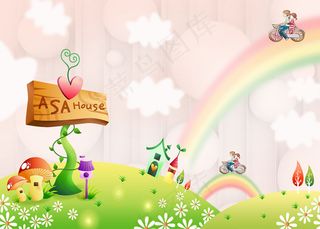 卡通草地彩虹背景墙