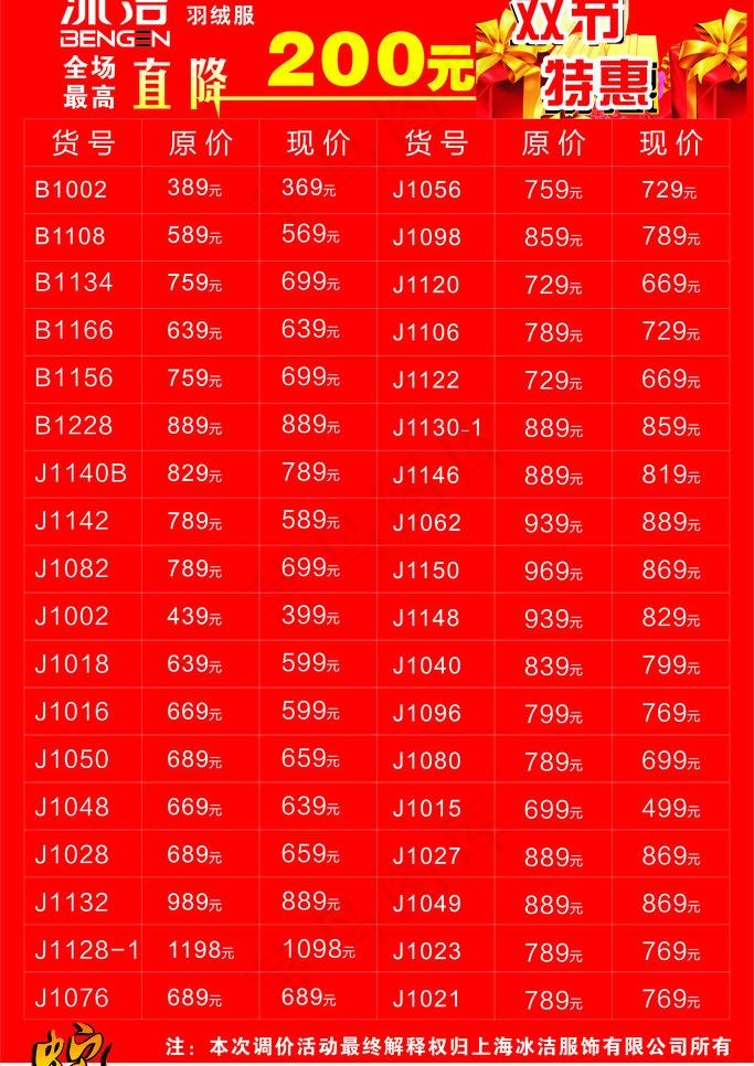 冰洁降价价格表图片cdr矢量模版下载