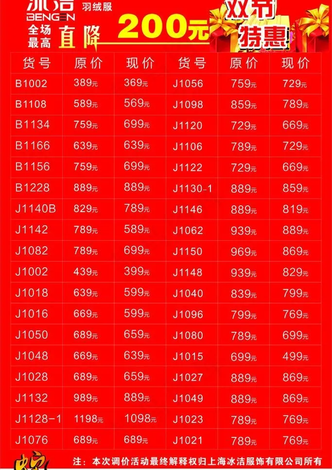 冰洁降价价格表图片cdr矢量模版下载