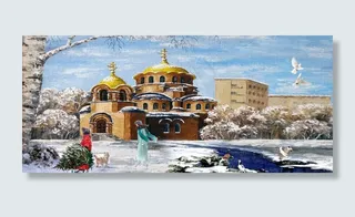 油画风景 冬天的教堂图片