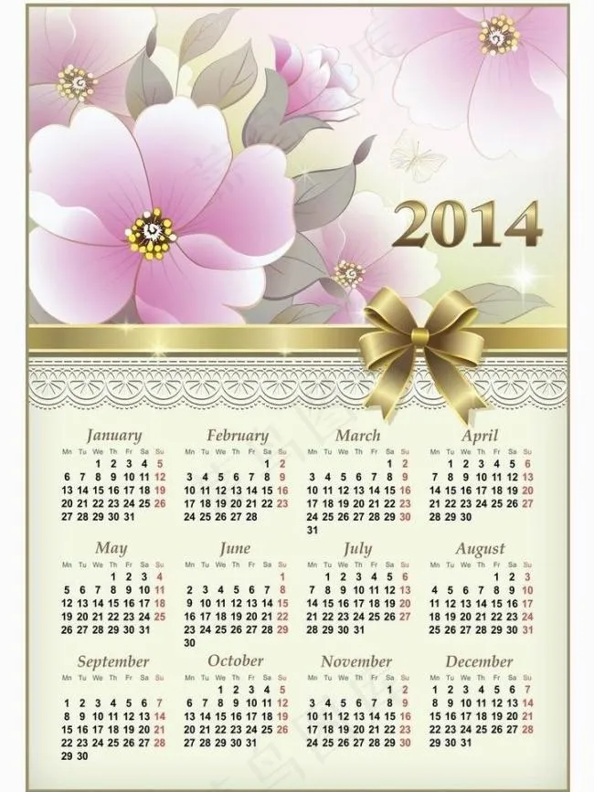 淡雅鲜花2014年挂历矢量素材eps,ai矢量模版下载