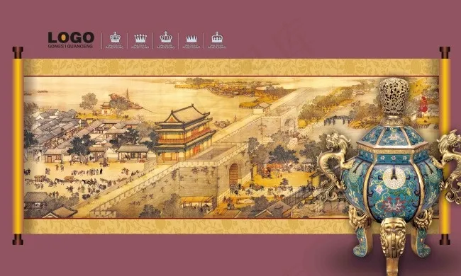 中国风卷轴金鼎psd模版下载