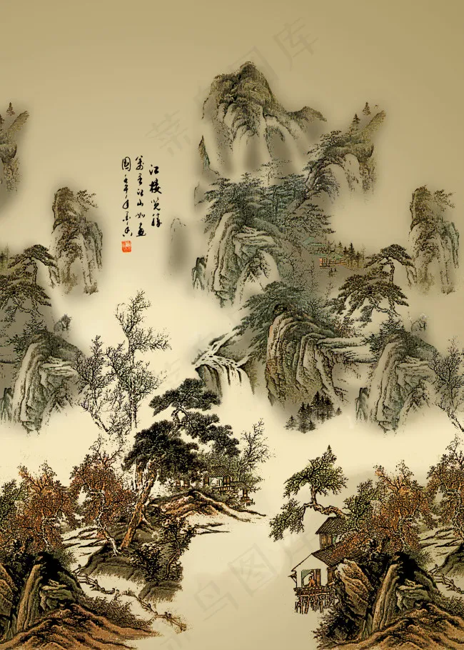 水墨山水古风装饰画(2362X3310(DPI:300))psd模版下载