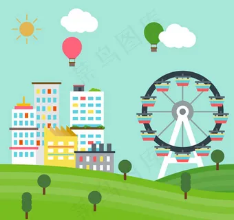 摩天轮与楼房矢量素材下载,