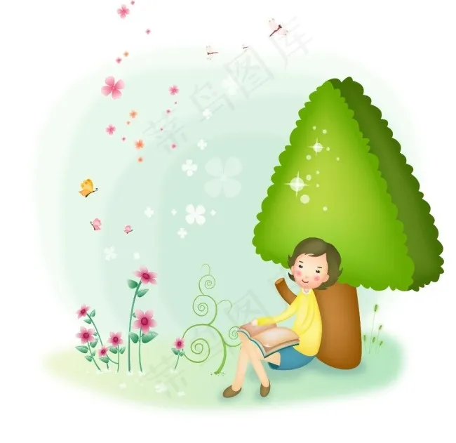 树下看书的孩子ai矢量模版下载