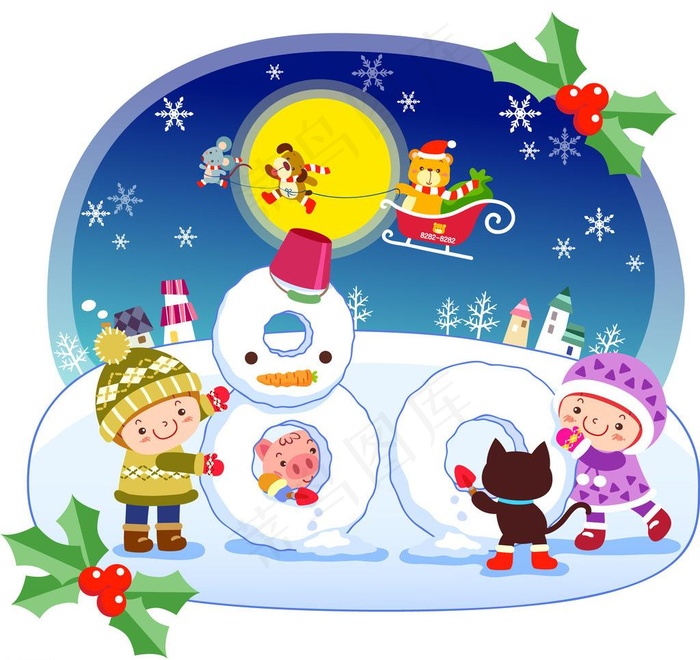 雪地里堆雪人的小孩图片