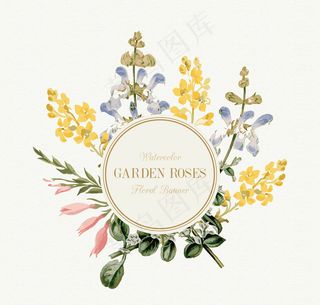 彩色热带植物春季郁金香红玫瑰矢量素...