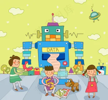 和机器人玩耍的孩子