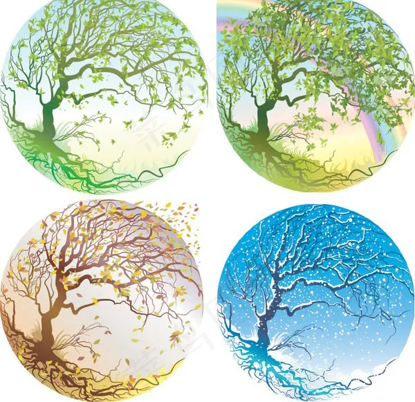 水晶球里的四季树矢量素材eps,ai矢量模版下载