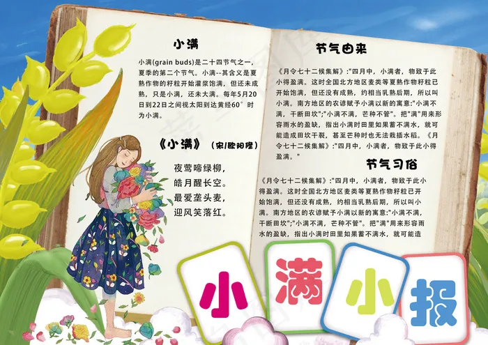 卡通手绘风二十四节气小满电子小报手...(4961X3508(DPI:300))psd模版下载