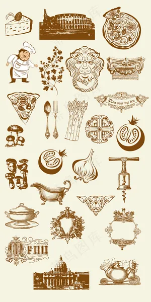 手绘欧式建筑食物早餐点心面包牛奶矢...