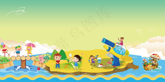 海岛上游玩的孩子们儿童节背景(7087X3543(DPI:150))psd模版下载